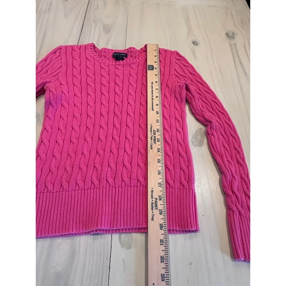 Ralph Lauren Girls Pink Cable Knit Cotton Sweater Green Pony Logo L 12/14 Peppy
